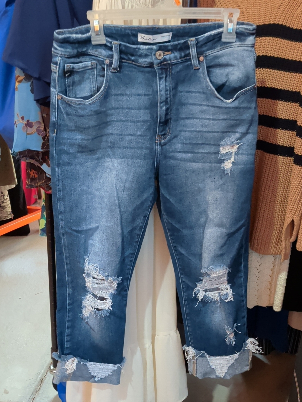 KanCan Distressed Medium Blue Rolled-Cuff Jeans